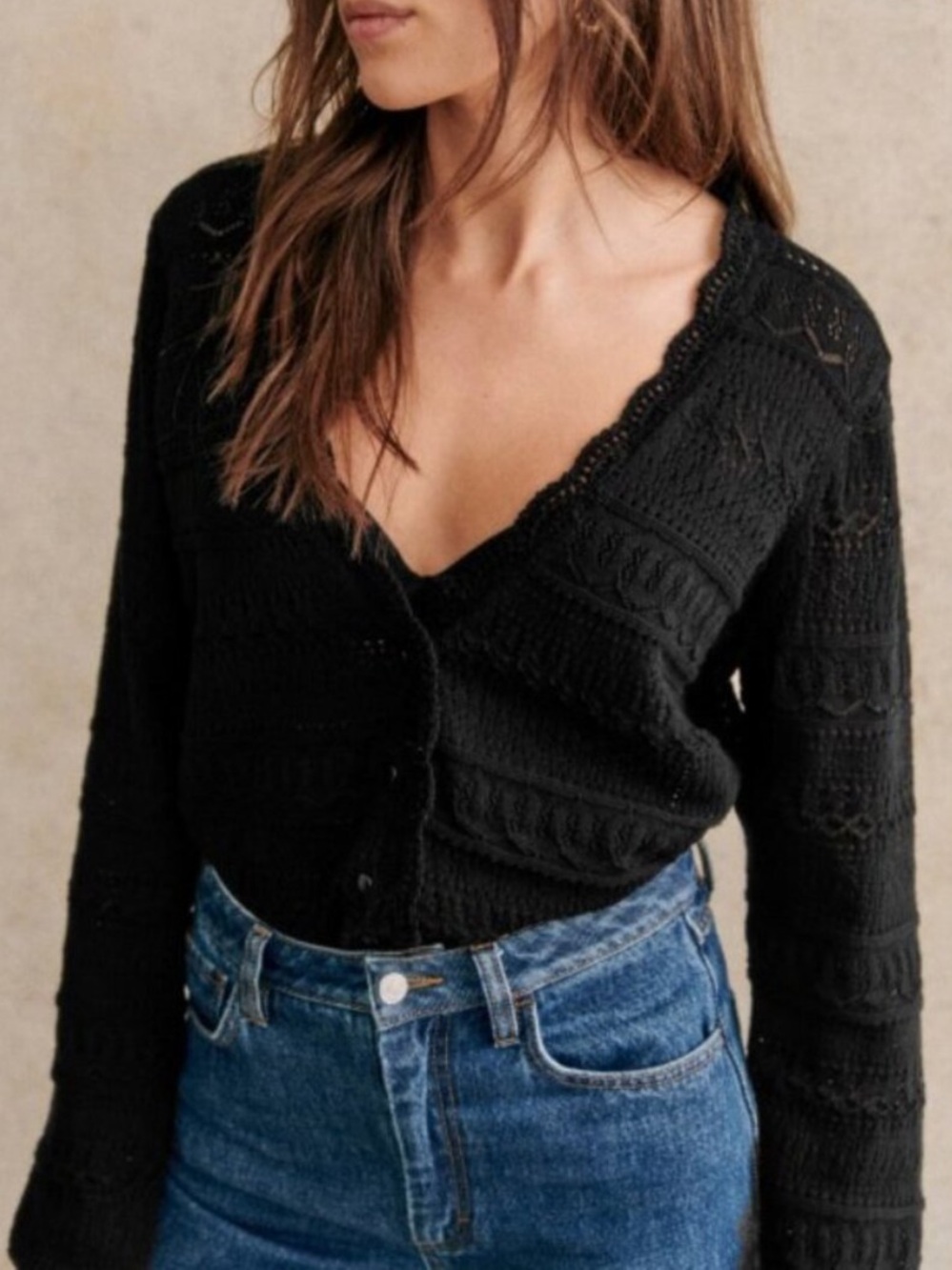 Sezane Keyla Cotton Crochet Cardigan Sweater Black Medium